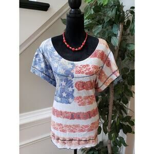 Style & Co. Blouse Top Women Size 2X Multi Beaded American Flag Handkerchief Hem